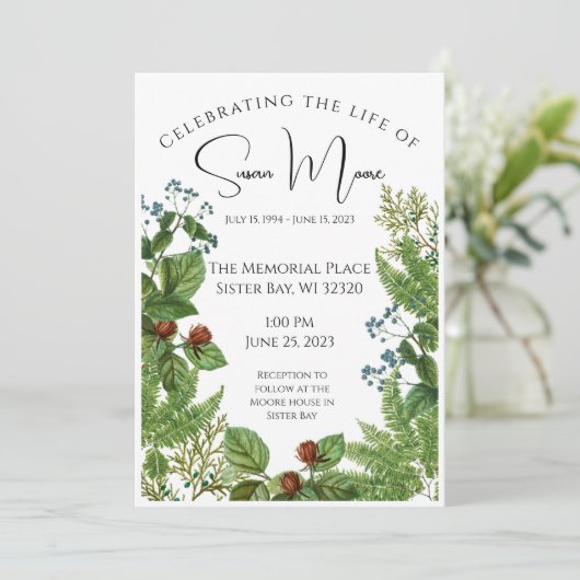 Greenery Foto Funeral Einladung (Stehend Vorderseite)