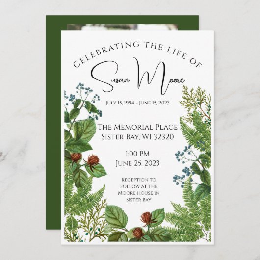 Greenery Foto Funeral Einladung (Vorne/Hinten)