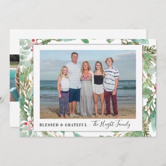 Greenery Foto Holiday Card Ankündigung (Vorne/Hinten)