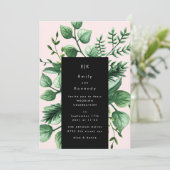 Greenery Fresh Leaf Moderne Black Pink Wedding Einladung (Stehend Vorderseite)