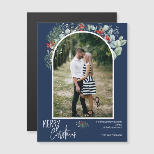 Greenery Frory Christmas Arch Foto Navy Blue Magnetkarte (Vorne/Hinten)