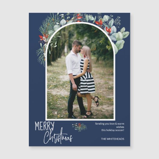 Greenery Frory Christmas Arch Foto Navy Blue Magnetkarte (Vorderseite)