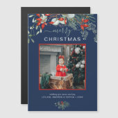 Greenery Frory Christmas Foto Navy Blue Holiday Magnetkarte (Vorne/Hinten)