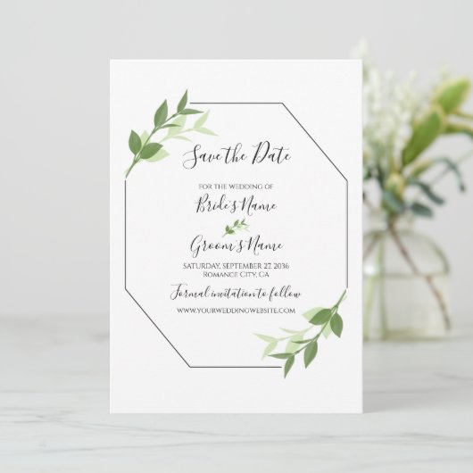 Greenery Garden Blätter Rahmen Hochzeit speichern  Save The Date (Stehend Vorderseite)
