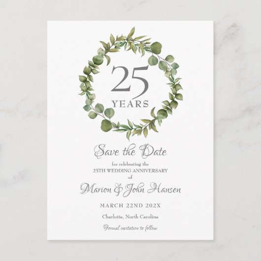 Greenery Garland 25 Jahre Save the Date Postkarte (Vorderseite)