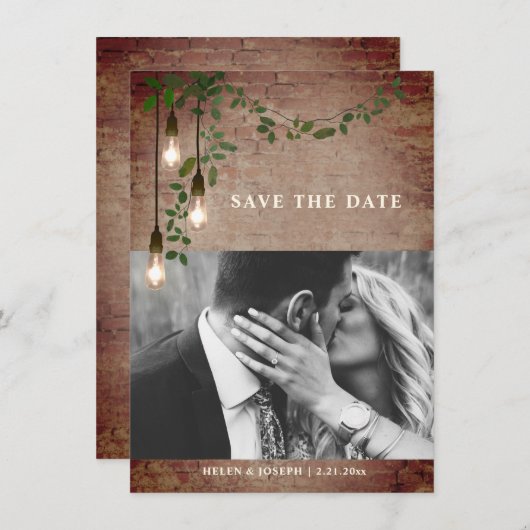 Greenery Garland Lightbulb Brick Wedding Save The Date (Vorne/Hinten)