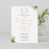 Greenery Garland Monogram Wedding Gold Folieneinladung (Stehend vorne)