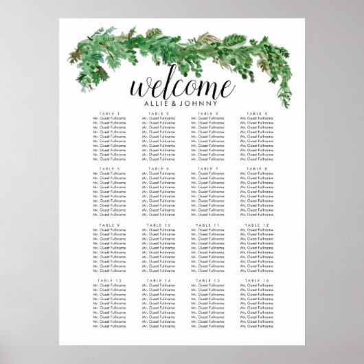 Greenery Garland Seating Chart Hochzeitssymbol Poster (Vorne)
