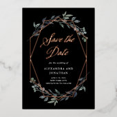 Greenery Geo Black | Rose Gold Save the Date Folieneinladung (Vorderseite)