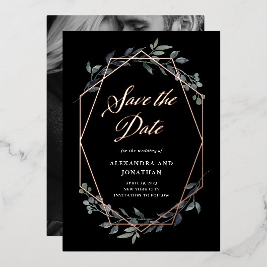 Greenery Geo Black | Rose Gold Save the Date Folieneinladung (Vorderseite/Rückseite)