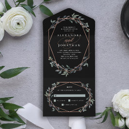 Greenery Geo Black | Rose Gold Wedding All In One Einladung