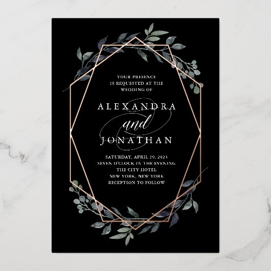 Greenery Geo Black | Rose Gold Wedding Folieneinladung (Vorderseite)