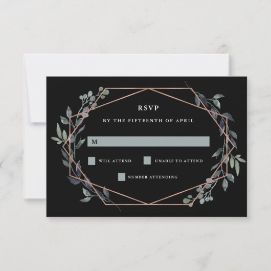 Greenery Geo Black | Rose Gold Wedding RSVP Karte (Vorderseite)