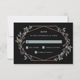 Greenery Geo Black   Rose Gold Wedding RSVP Karte