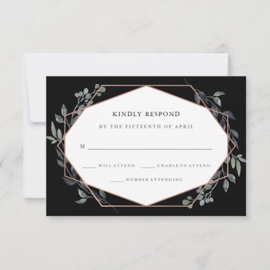 Greenery Geo Black | Rose Gold Wedding RSVP Karte (Vorderseite)