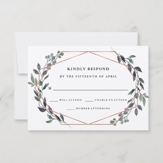 Greenery Geo Kraft | Rose Gold Wedding RSVP Karte (Vorderseite)