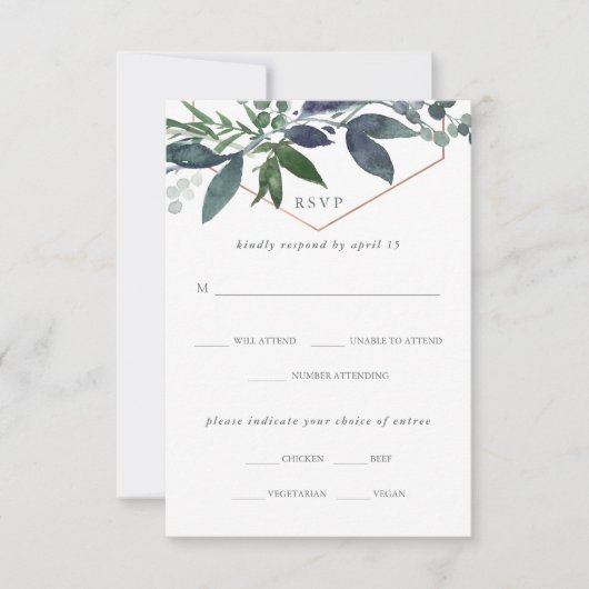 Greenery Geo | Rose Gold Meal Choice Hochzeit RSVP Karte (Vorderseite)