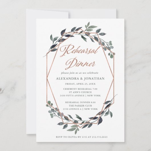 Greenery Geo | Rose Gold Probe Dinner Einladung (Vorderseite)