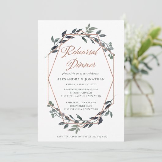 Greenery Geo | Rose Gold Probe Dinner Einladung (Stehend Vorderseite)