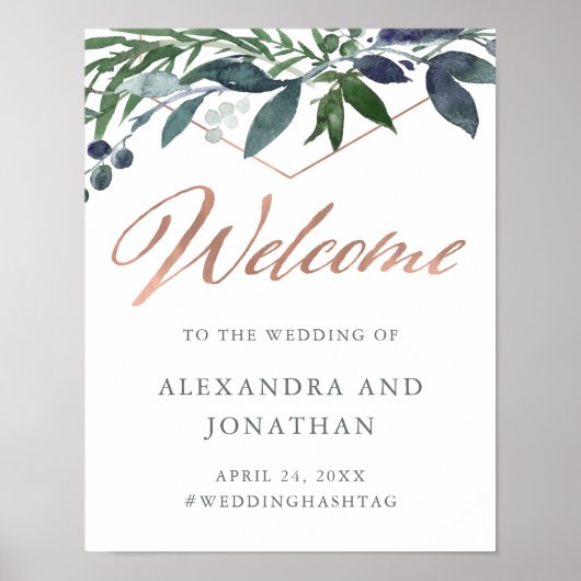 Greenery Geo | Rose Gold Script Hochzeitsempfang Poster (Vorne)