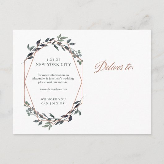 Greenery Geo | Rose Gold Wedding Datum speichern Postkarte (Rückseite)