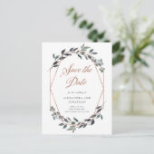 Greenery Geo | Rose Gold Wedding Datum speichern Postkarte (Stehend Vorderseite)