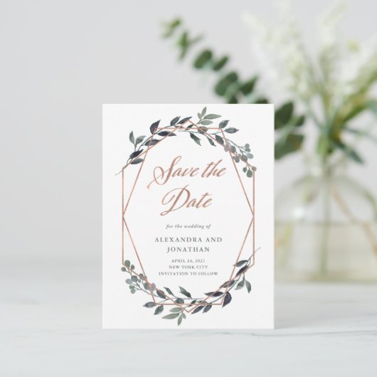 Greenery Geo | Rose Gold Wedding Datum speichern Postkarte (Stehend Vorderseite)