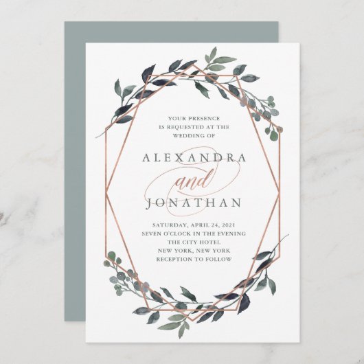 Greenery Geo | Rose Gold Wedding Einladung (Vorne/Hinten)