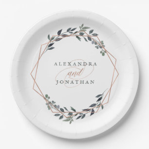 Greenery Geo Rose Gold Wedding Pappteller