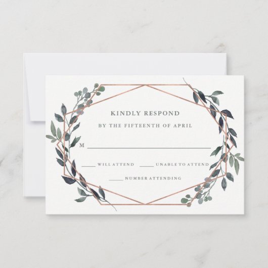 Greenery Geo | Rose Gold Wedding RSVP Karte (Vorderseite)