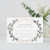 Greenery Geo | Rose Gold Wedding RSVP Karte (Stehend Vorderseite)