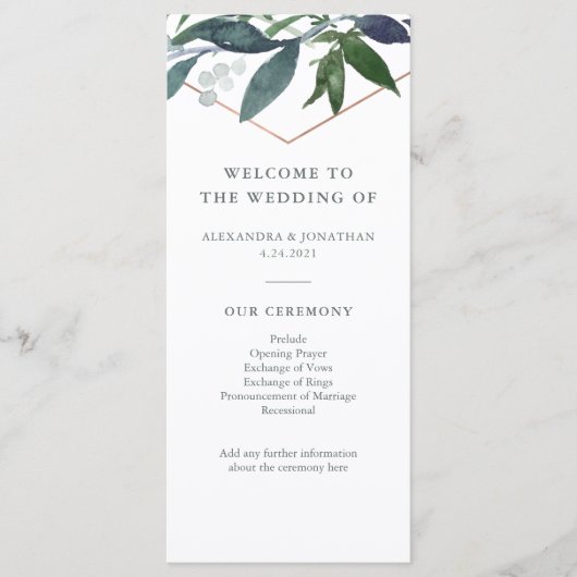 Greenery Geo | Roségoldene Hochzeit Programm (Vorderseite)