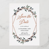 Greenery Geo White | Rose Gold Save the Date Folieneinladung (Vorderseite)