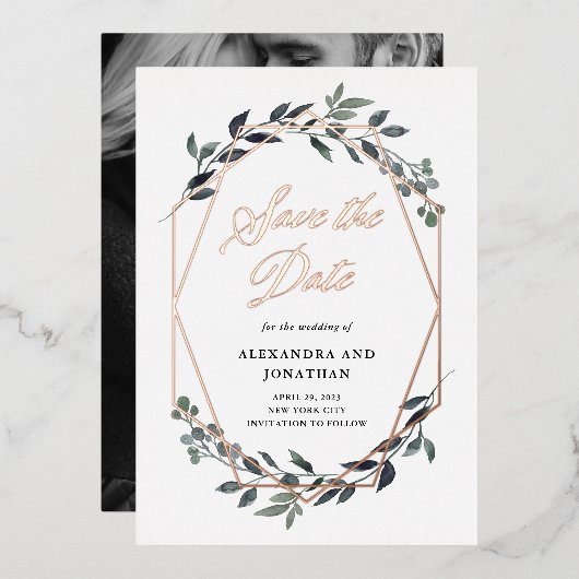Greenery Geo White | Rose Gold Save the Date Folieneinladung (Vorderseite/Rückseite)