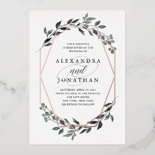 Greenery Geo White | Rose Gold Wedding Folieneinladung (Vorderseite)