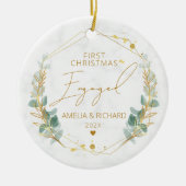 Greenery Geometric First Christmas Verlobt Keramik Ornament (Vorne)