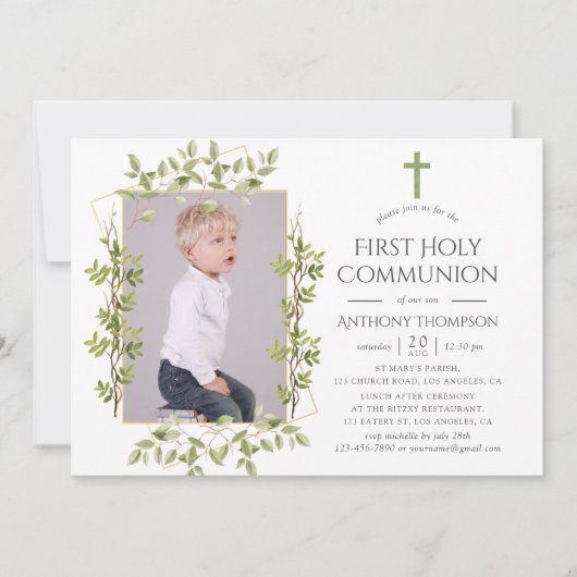 Greenery Geometric First Heilige Kommunion Einladung (Vorderseite)