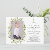 Greenery Geometric First Heilige Kommunion Einladung (Stehend Vorderseite)