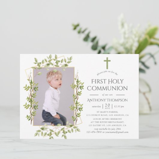 Greenery Geometric First Heilige Kommunion Einladung (Stehend Vorderseite)