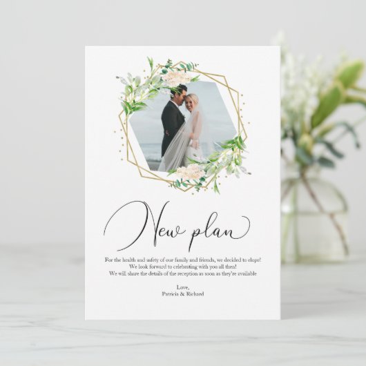 Greenery Geometric New Plan Elopement Empfang Einladung (Stehend Vorderseite)