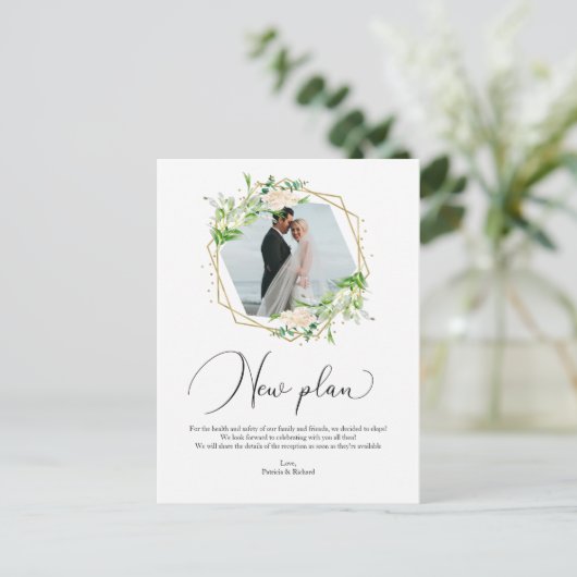 Greenery Geometric New Plan Elopement Empfang Postkarte (Stehend Vorderseite)