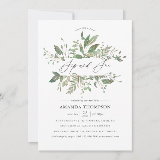 Greenery Geometric Sip and See Einladung (Vorderseite)