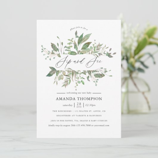 Greenery Geometric Sip and See Einladung (Stehend Vorderseite)