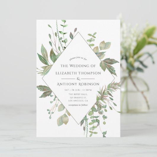 Greenery Geometric Wedding Einladung (Stehend Vorderseite)