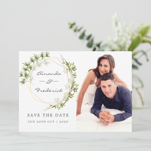 Greenery Geometric Wedding Save the Date Foto (Stehend Vorderseite)