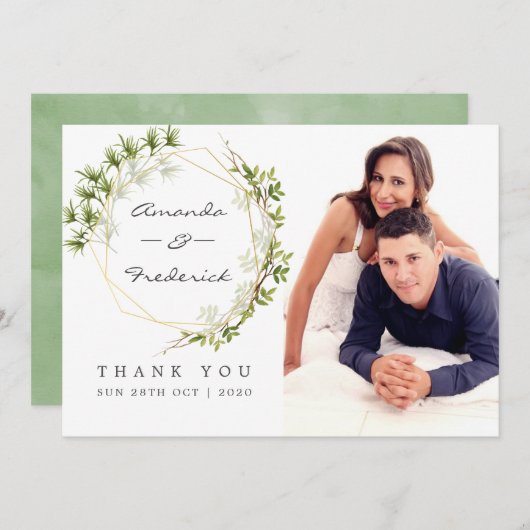 Greenery Geometric Wedding Vielen Dank Foto Dankeskarte (Vorne/Hinten)