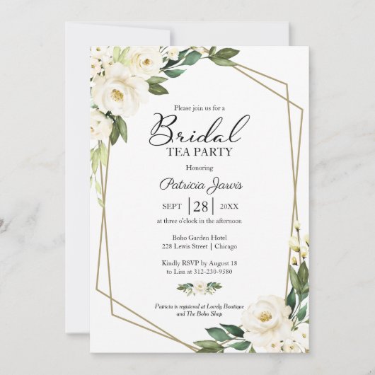 Greenery Geometric White Floral Bridal Tee Party Einladung (Vorderseite)