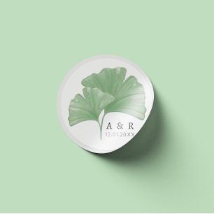 Greenery Ginkgo Tree Watercolor Wedding Monogram Runder Aufkleber
