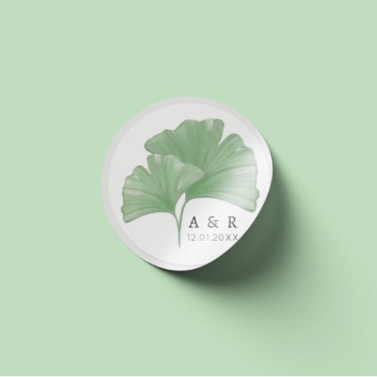 Greenery Ginkgo Tree Watercolor Wedding Monogram Runder Aufkleber
