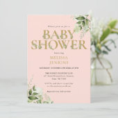Greenery Girl Blush Pink Gold Letter Baby Dusche Einladung (Stehend Vorderseite)